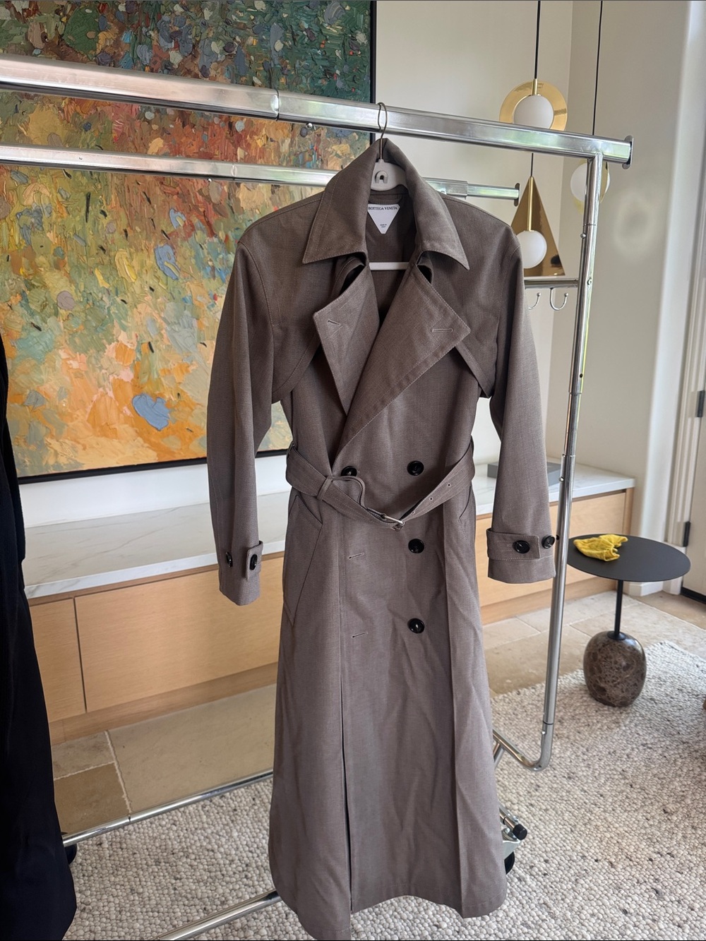 Bottega Veneta Long Double-Breasted Trench in Taupe